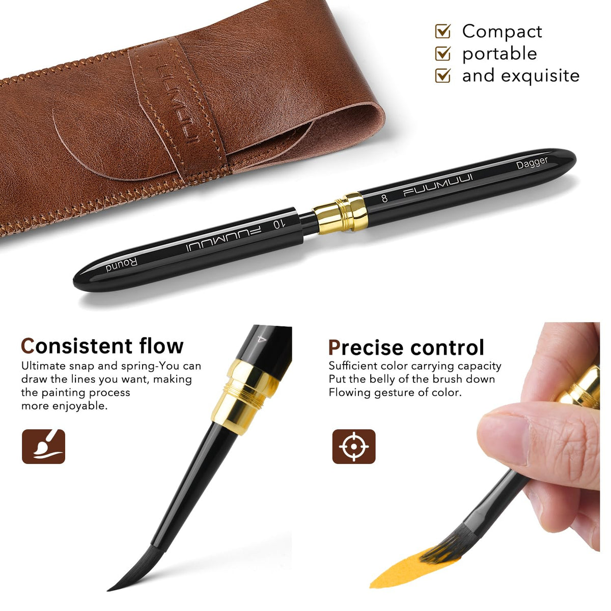 Fuumuui Travel Watercolor Brushes - 3pcs Dual-Tip with 6 Versatile Tip Styles - Premium Synthetic