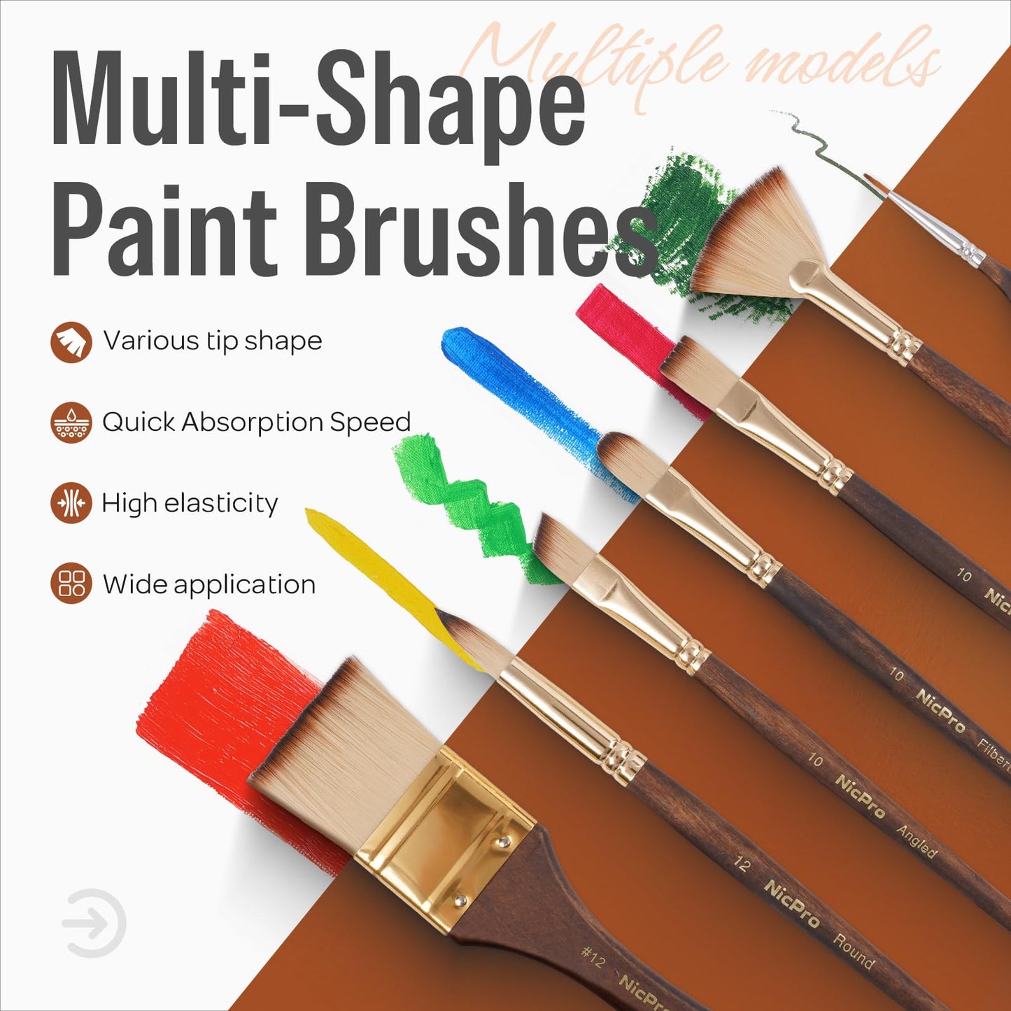 Nicpro 36pcs Paint Brush Set for Acrylic Painting,Oil, Watercolor (Golden)