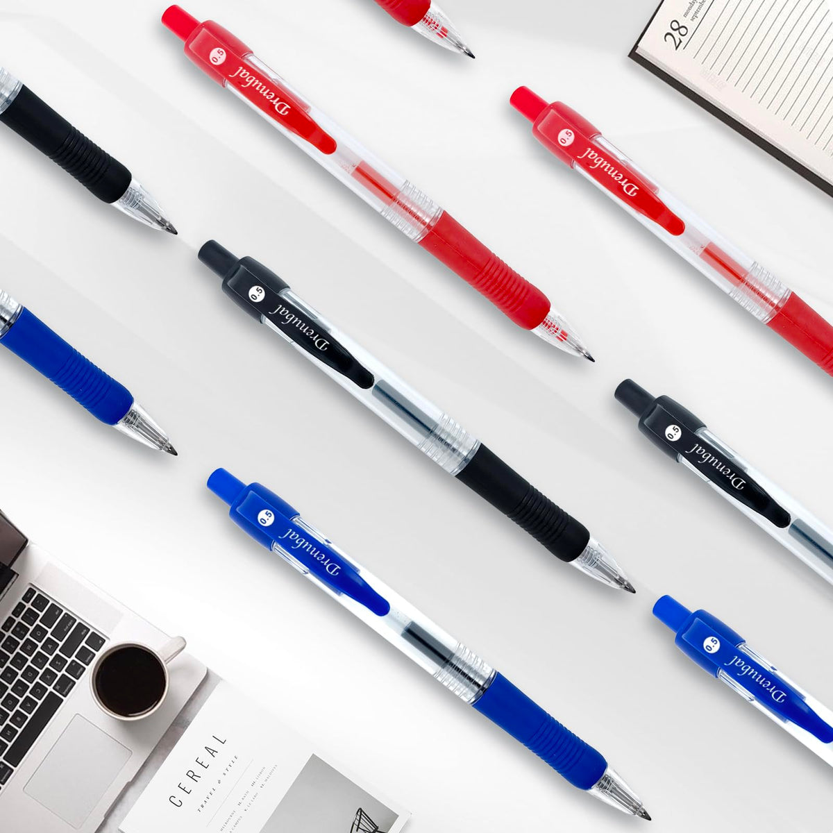 Drenubal Red Ballpoint Pens with Rubber Grip，Fine(0.5mm) Point Retractable-Set of 48 Writing Pens