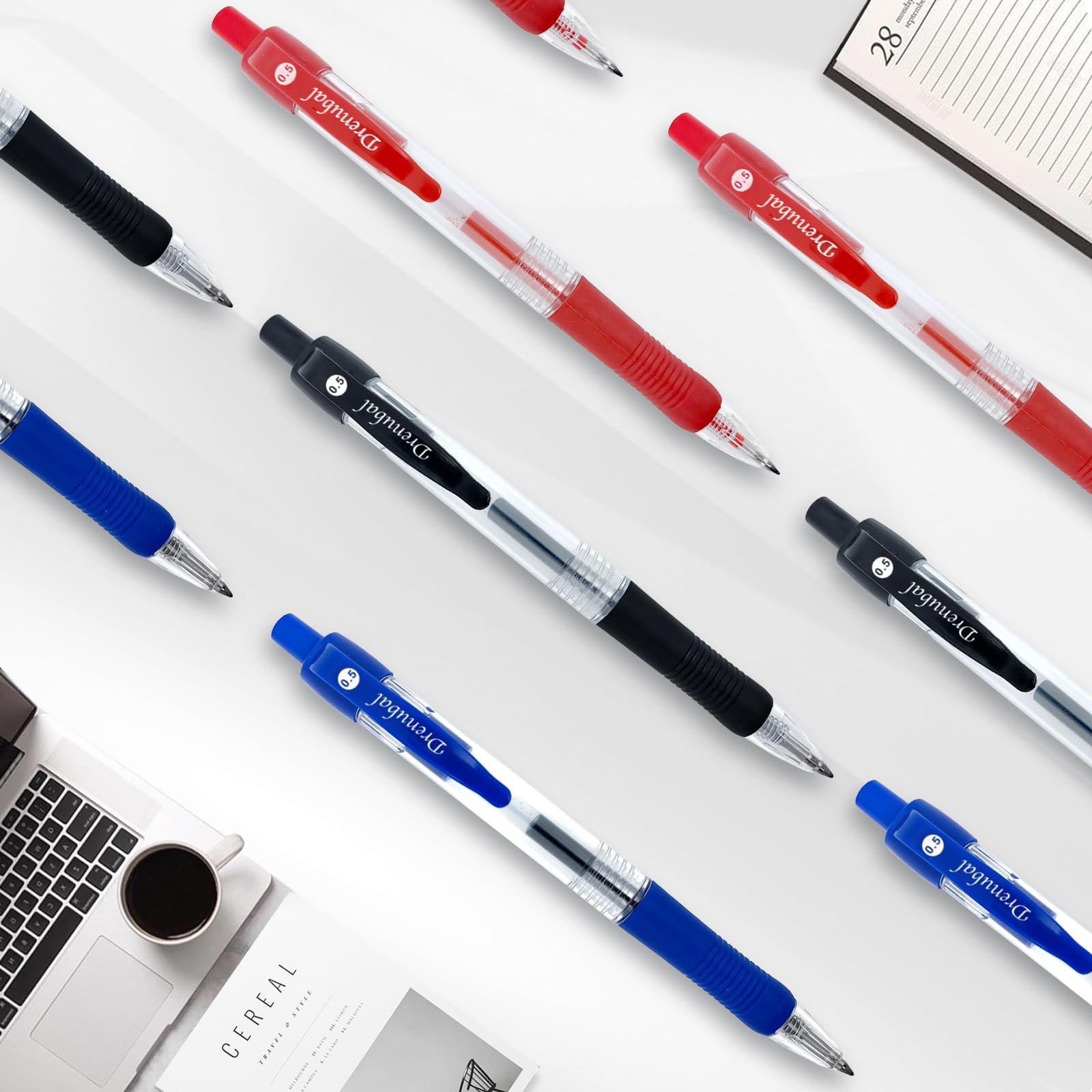 Drenubal Red Ballpoint Pens with Rubber Grip，Fine(0.5mm) Point Retractable-Set of 48 Writing Pens