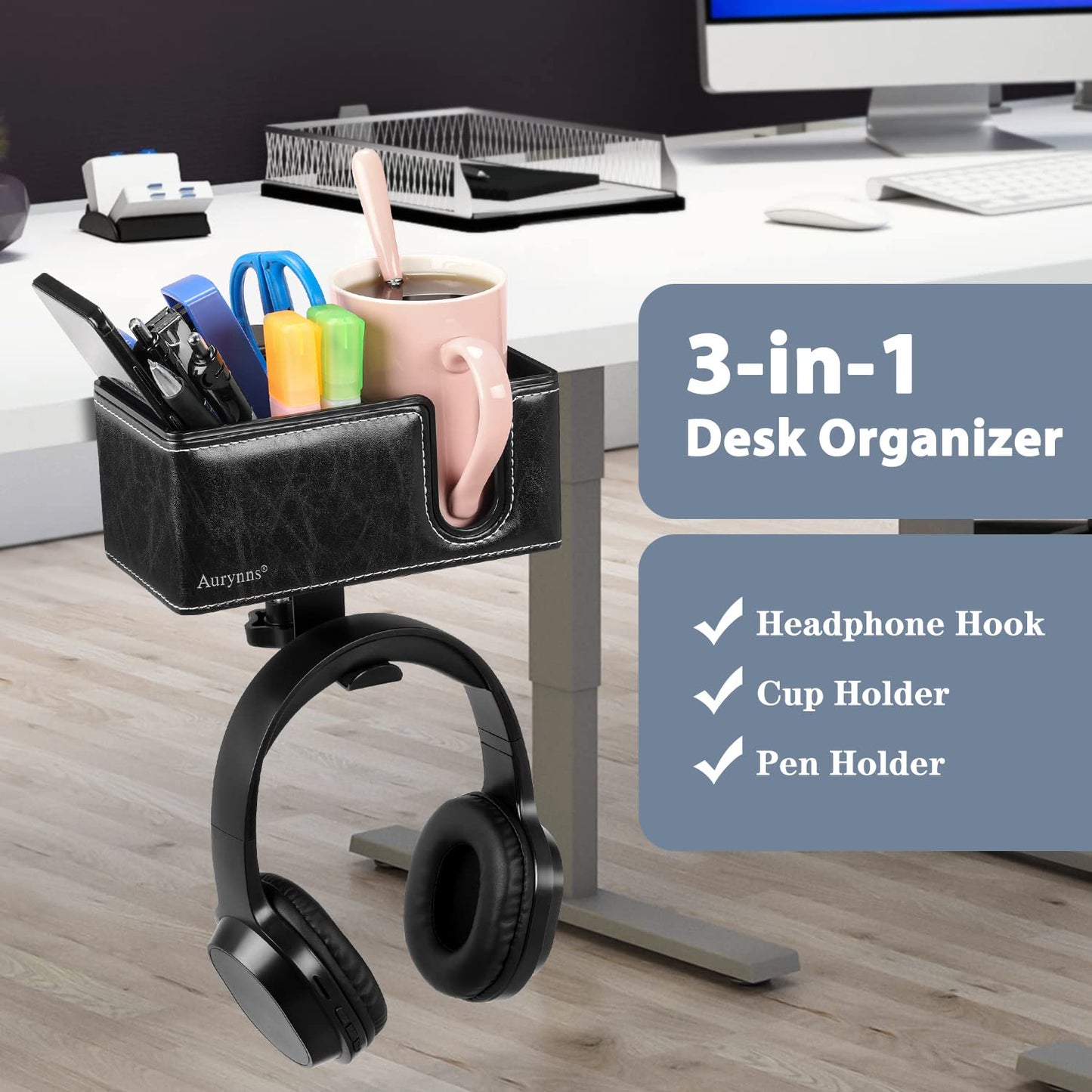 Under Desk Cup Holder Clamp on Cup Holder PU Leather Clip on Desk Organizer