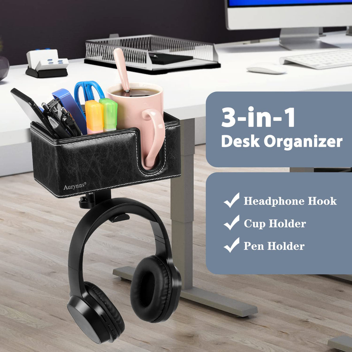Under Desk Cup Holder Clamp on Cup Holder PU Leather Clip on Desk Organizer