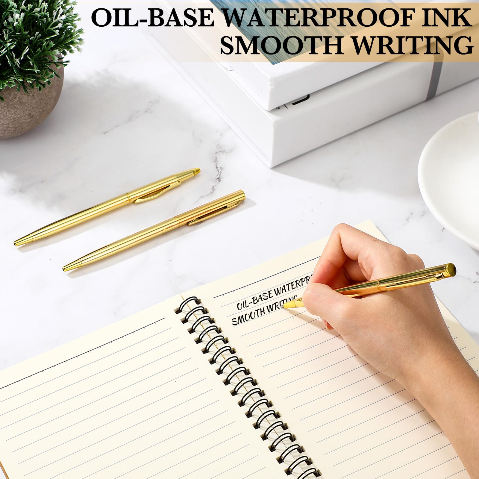 Fuutreo 25 Pack Gold Pens Bulk Metal Slim Ballpoint Retractable Black Ink