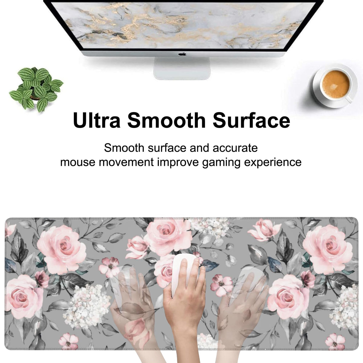 Pink Roses Desk Mat,Large Spring Blooming Flowers and Leaves Gaming Keyboard Mouse Pad,Non-Slip