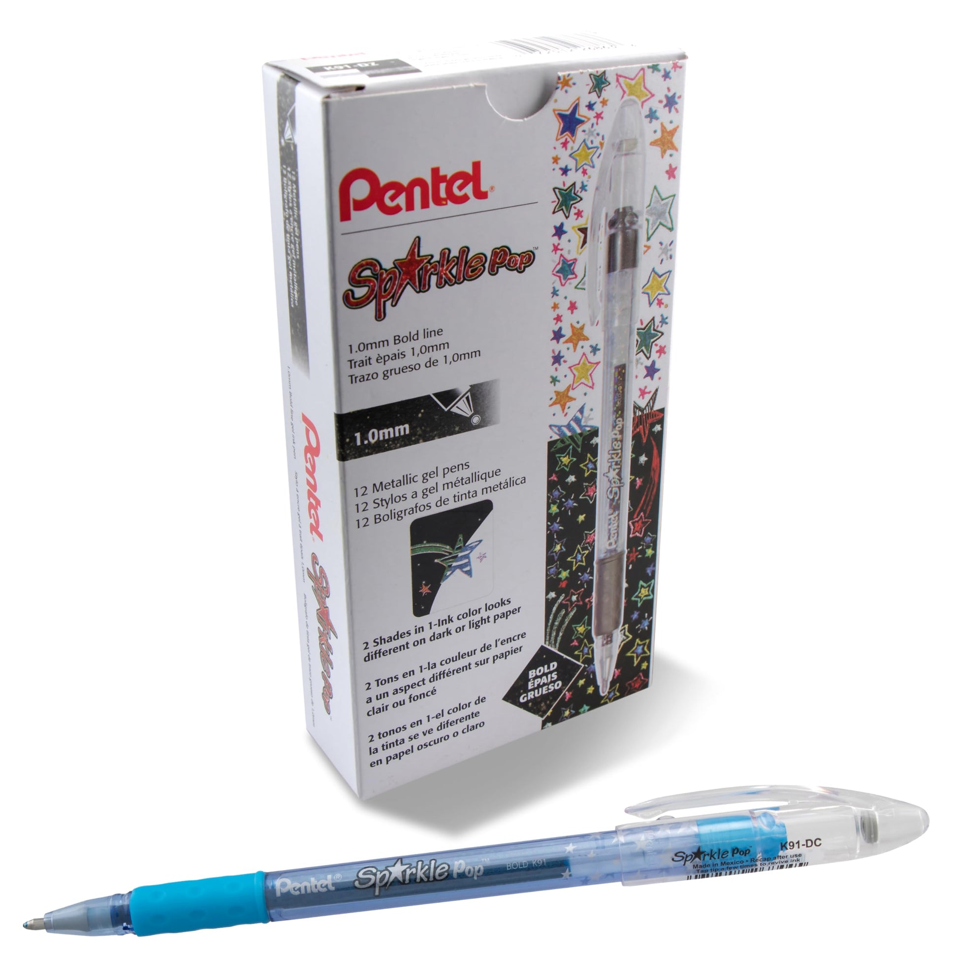Pentel Sparkle Pop Metallic Gel Pen, (1.0mm) Bold Line, Blue/Green Ink, Box of 12 Pens (K91-DC)