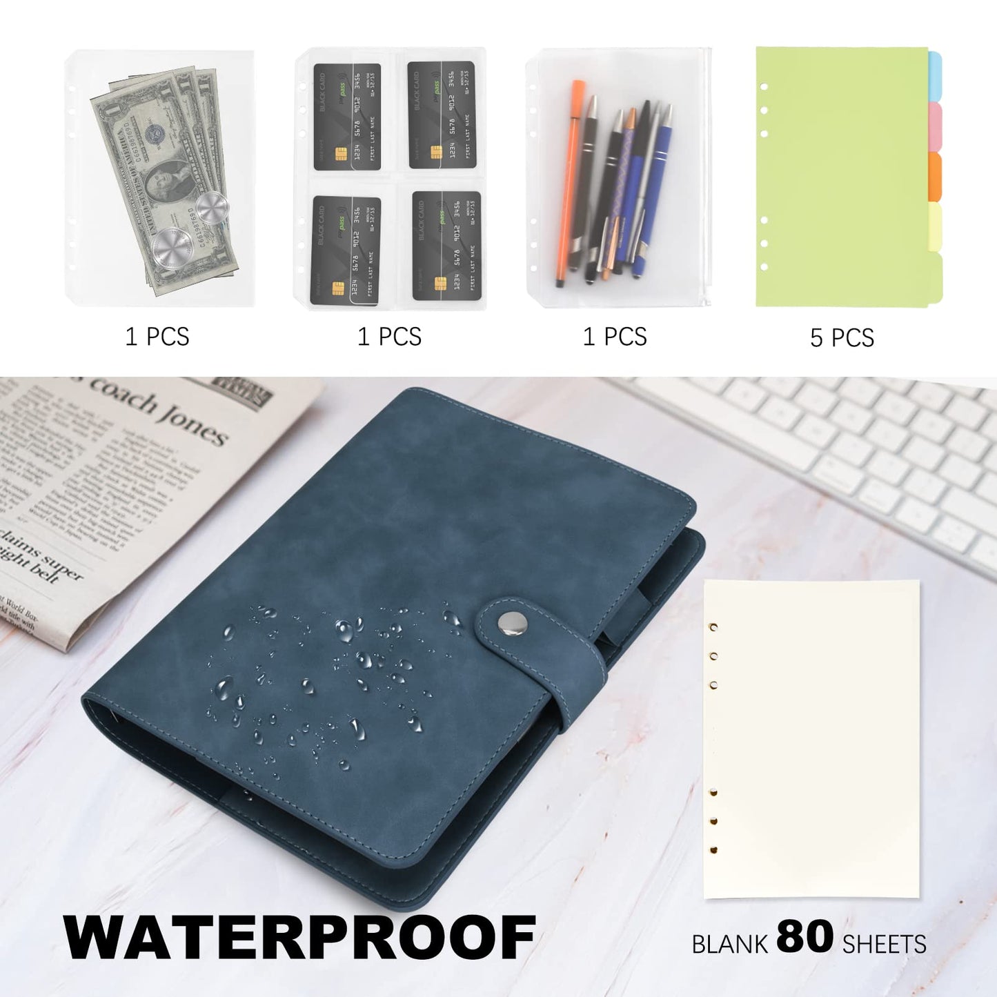 FYY A5 Binder Refillable Planner Notebook 6 Ring, Navy