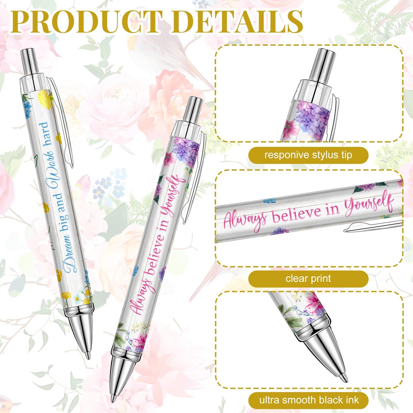 Yeaqee 50 Pcs Motivational Pens Bulk Inspirational Quotes,Floral Style