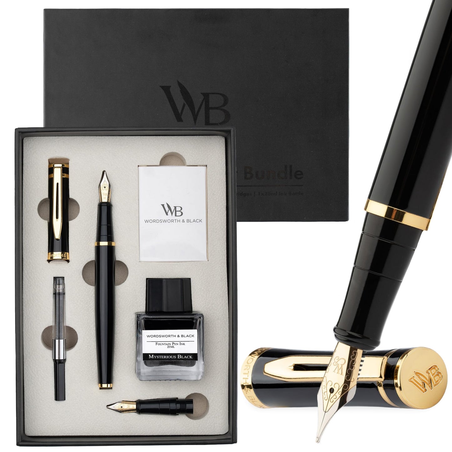 Wordsworth & Black Fountain Pen Gift Set, Medium & Extra Fine Nib, Black Gold