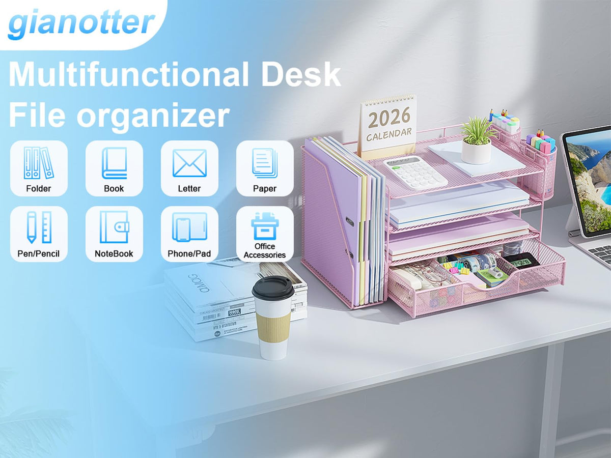 gianotter Desk Organizers and Accessories with File Holder, 4-Tier Desk Accessories & Workspace