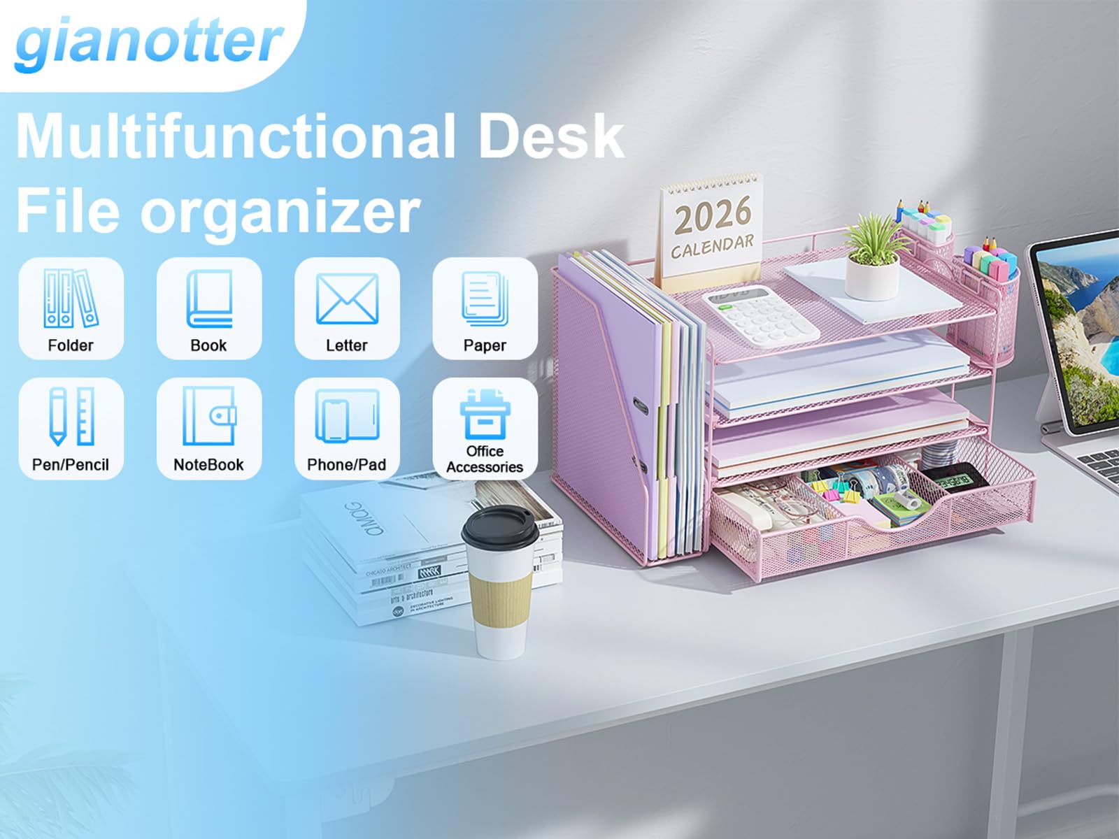 gianotter Desk Organizers and Accessories with File Holder, 4-Tier Desk Accessories & Workspace