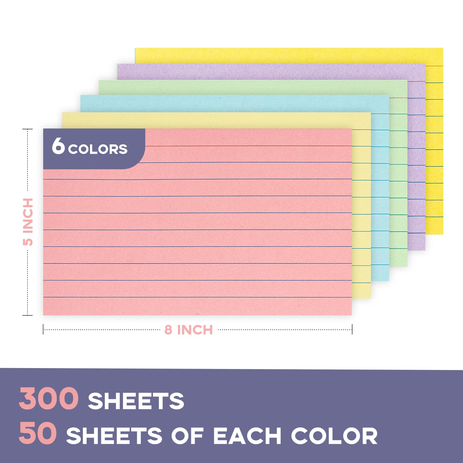 300Pcs Colored Index Cards 5x8, Single Sided Ruled Flash Cards 6 Color