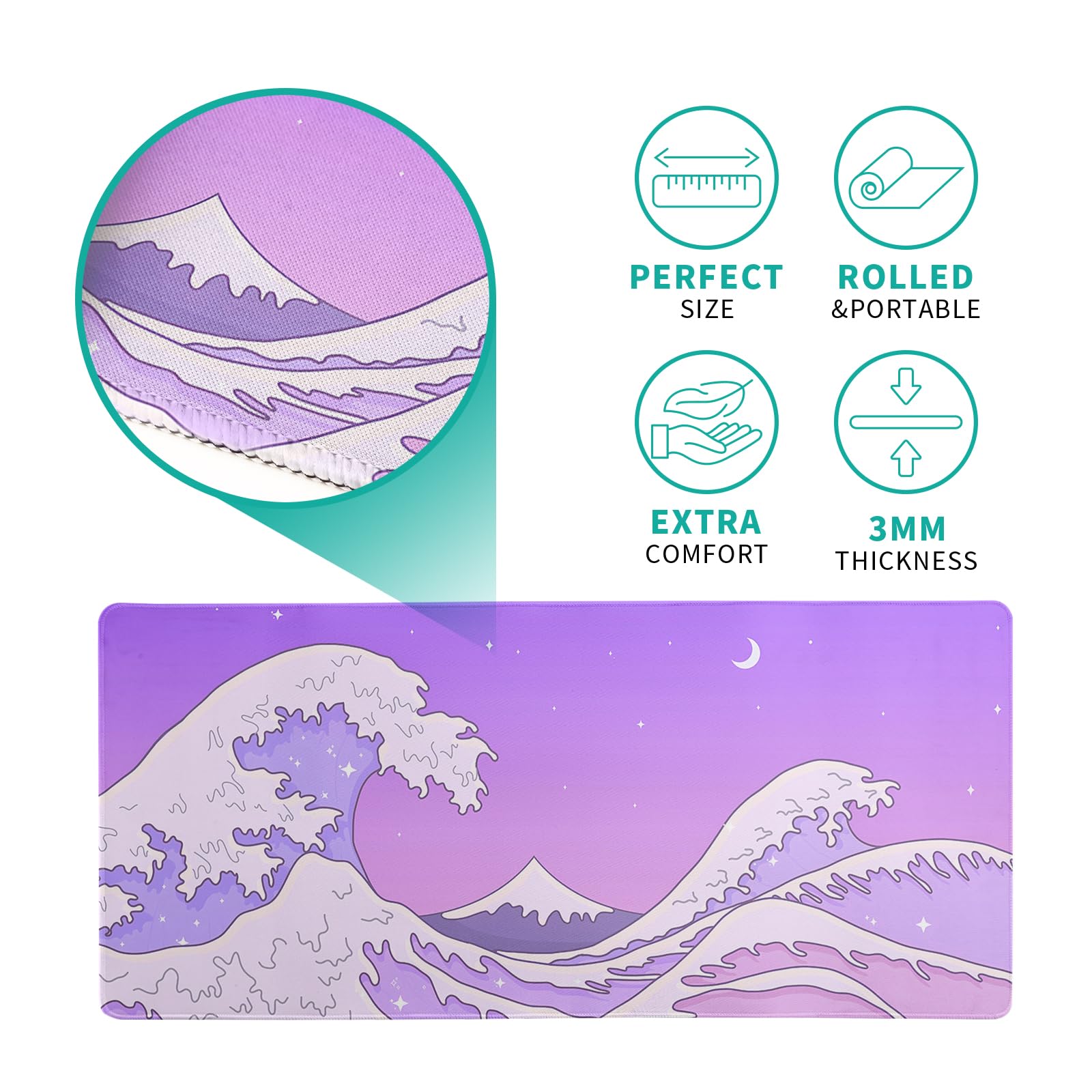 Purple Japanese Sea Wave Gaming Mouse Pad - Large Desk Mat with Non-Slip Base and Stitched Edge for