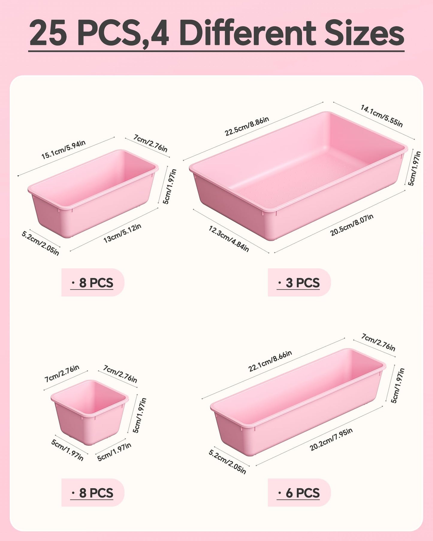 KEMETHY 25 PCS Plastic Drawer Organizers Set, 4 Sizes Vanity Organizer