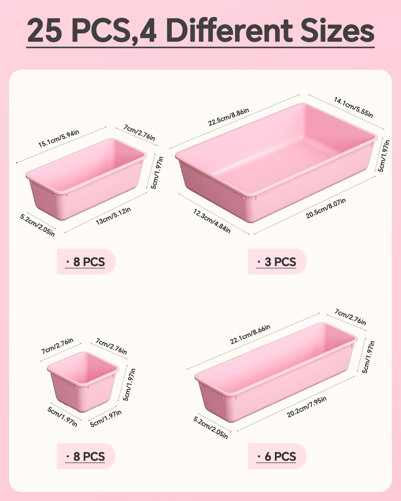 KEMETHY 25 PCS Plastic Drawer Organizers Set, 4 Sizes Vanity Organizer