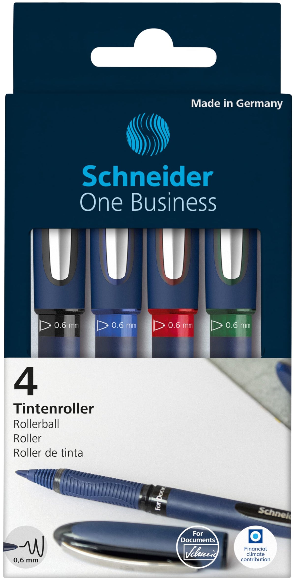 Schneider One Business Rollerball Pen, 0.6 mm Ultra-Smooth Tip, Blue Barrel, Four-Pack, One Each