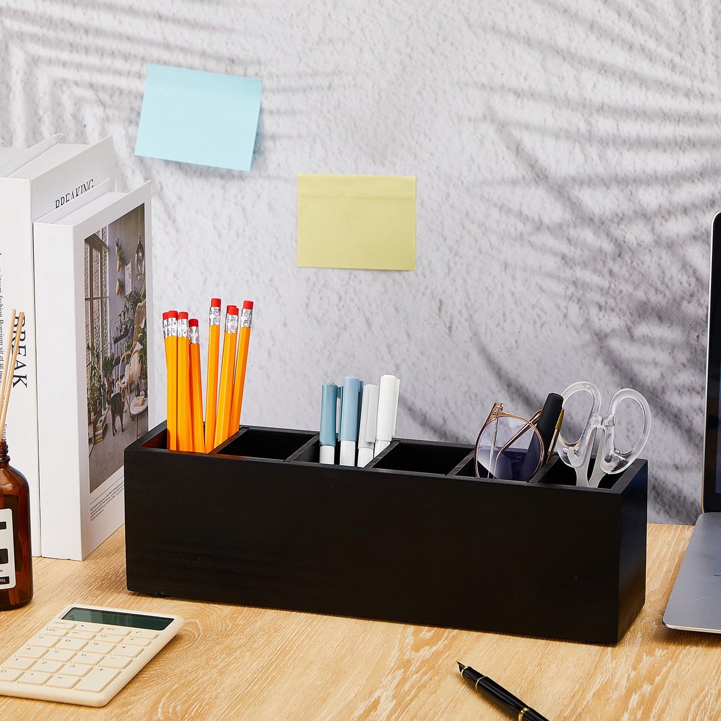 Jetec Wooden Pencil Pen Holder for Desk, Black, 6 Compartments