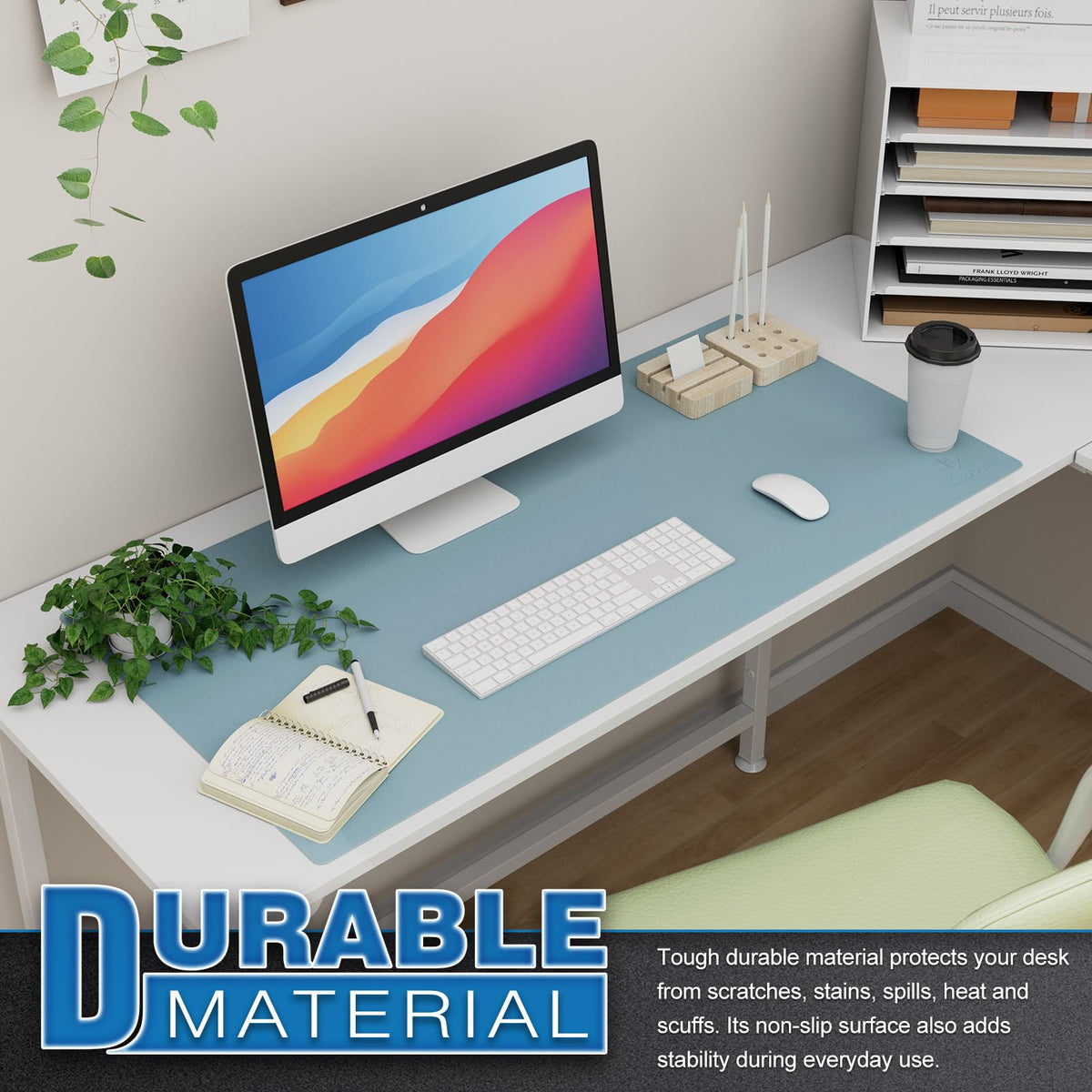 K KNODEL Extra Large Desk Mat, Leather Mouse Pad (35.4"x17", Light Blue)