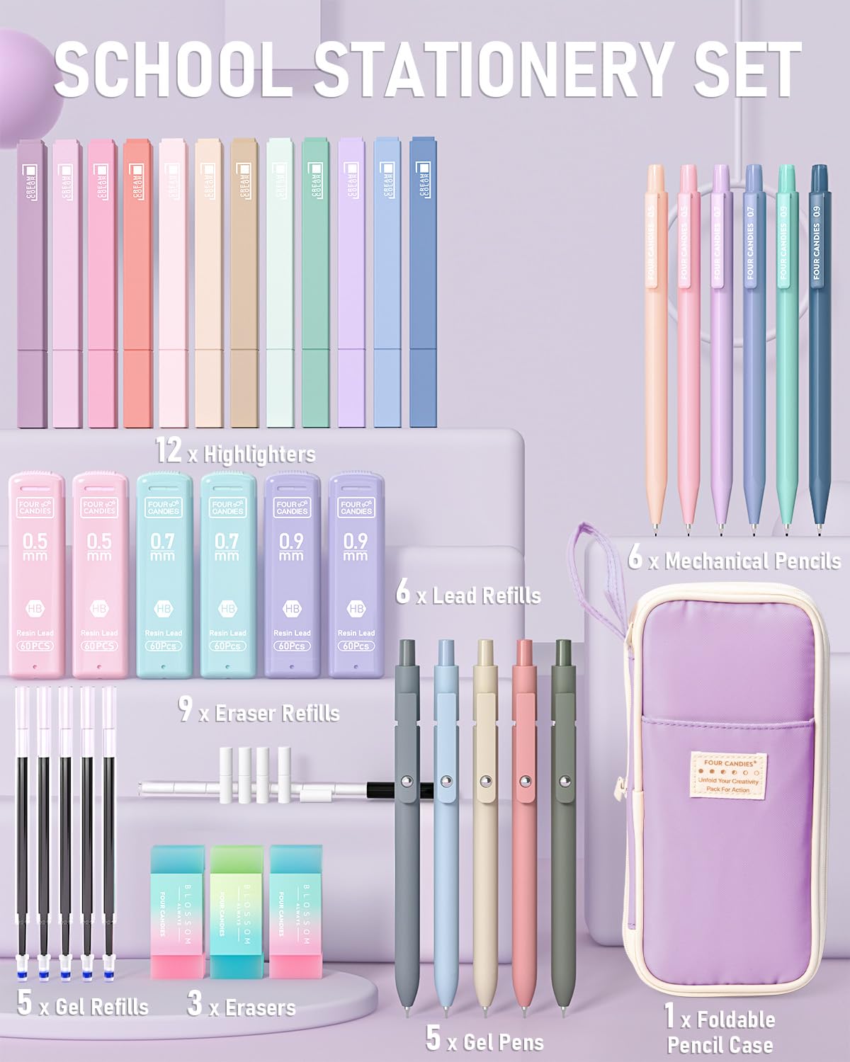 Four Candies School Supplies with Cute Pencil Case, 39ct, Purple