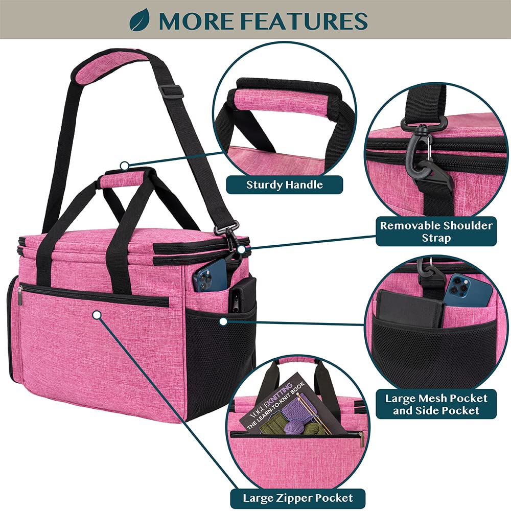 PAVILIA Large Knitting Yarn Storage Bag Crochet Organizer for Knitter, Pink