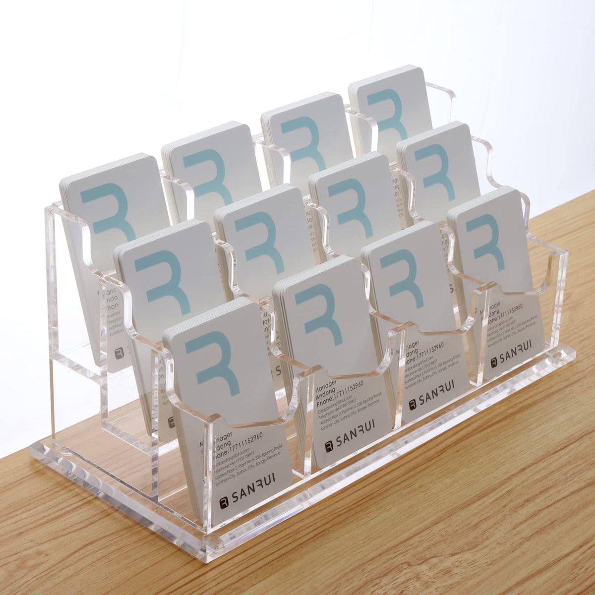SANRUI Vertical Acrylic Business Card Holder for Desk, 3 Tier 12 Slot