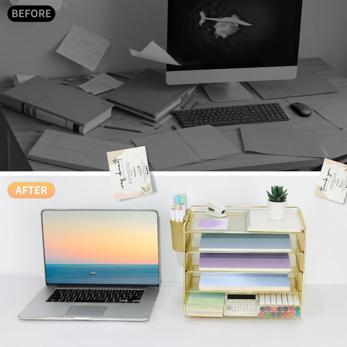 LEKETREE Desk Organizers and Accessories, 5-Tier Paper Letter Tray Organizer with Drawer & 2 Pen