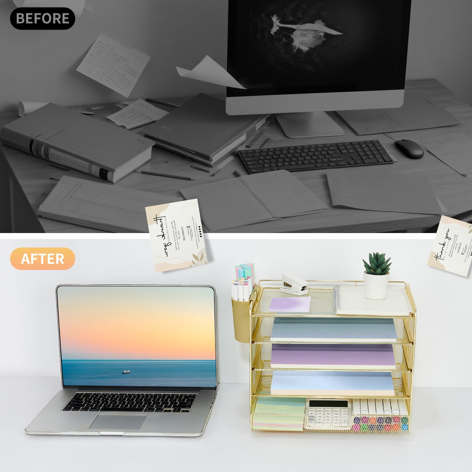 LEKETREE Desk Organizers and Accessories, 5-Tier Paper Letter Tray Organizer with Drawer & 2 Pen
