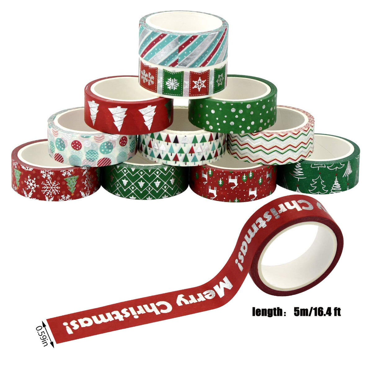 Bskifnn 12 Rolls Christmas Washi Tape 0.6" x 16.4ft Silver Foil Merry Christmas Masking Tape Great