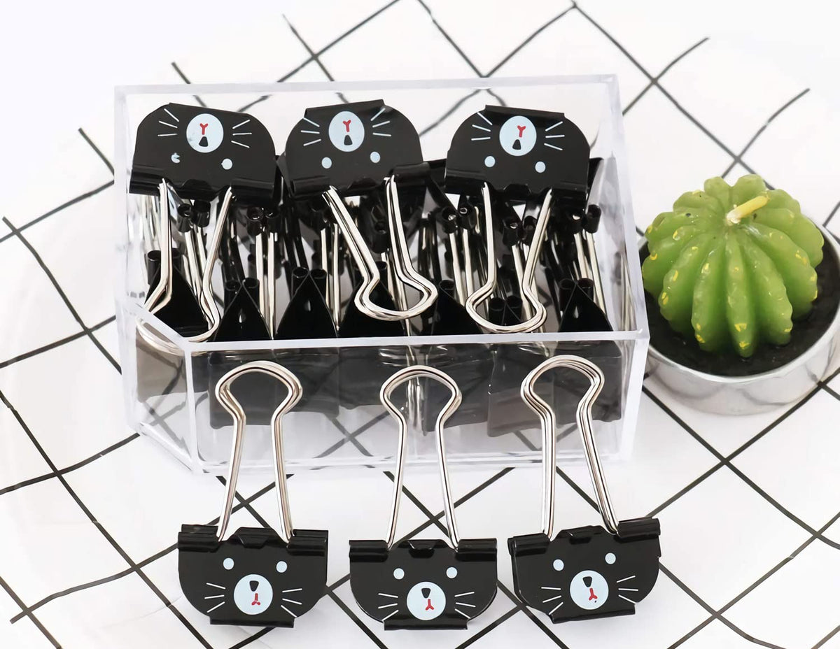 Cute Cat Metal Binder Clips 20Pcs Black Medium Paper Clamps for School Home Desk Organizers Office