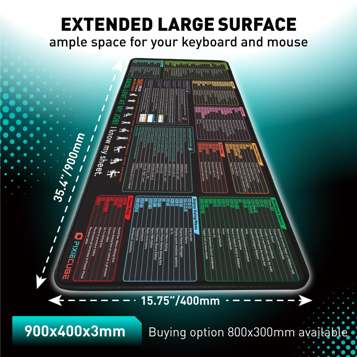 Pixiecube Excel Shortcut Keys Mouse Pad - Extended Large XXL Cheat Sheet Gaming Mousepad | PC