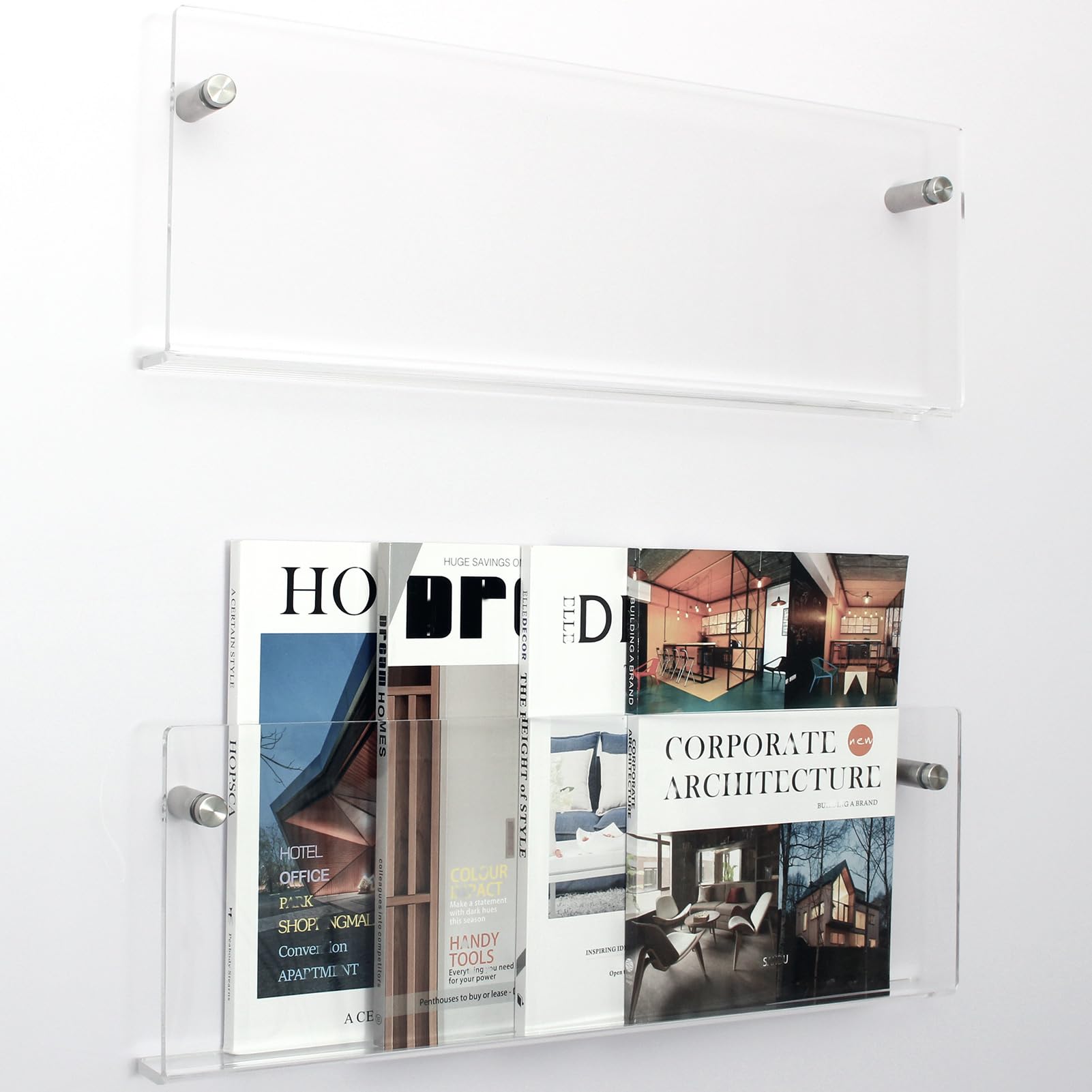 XOHYW 2 Pack Clear Acrylic Magazine Holder, Wall Mount Hanging Bookshelf Literature Storage Rack