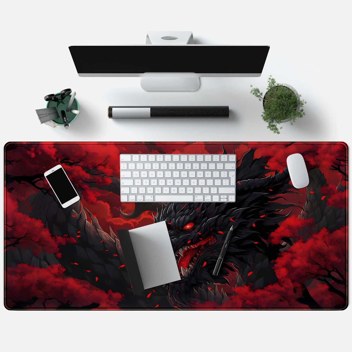 Huge Dragon Large Mouse Pad - Red and Black Mousepad, Big Full Keyboard and Mouse Pad with Stitched
