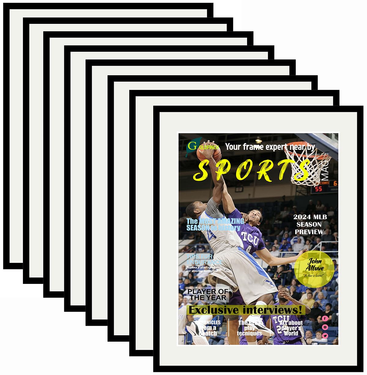 Goldfinch 8 Pack Sports Magazine Frame, Fits 8.5x11.25 Inches, White Mat