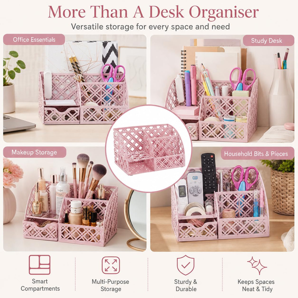 Exerz Mesh Metal Desk Organizer with 7 Compartments and Drawer Light Pink