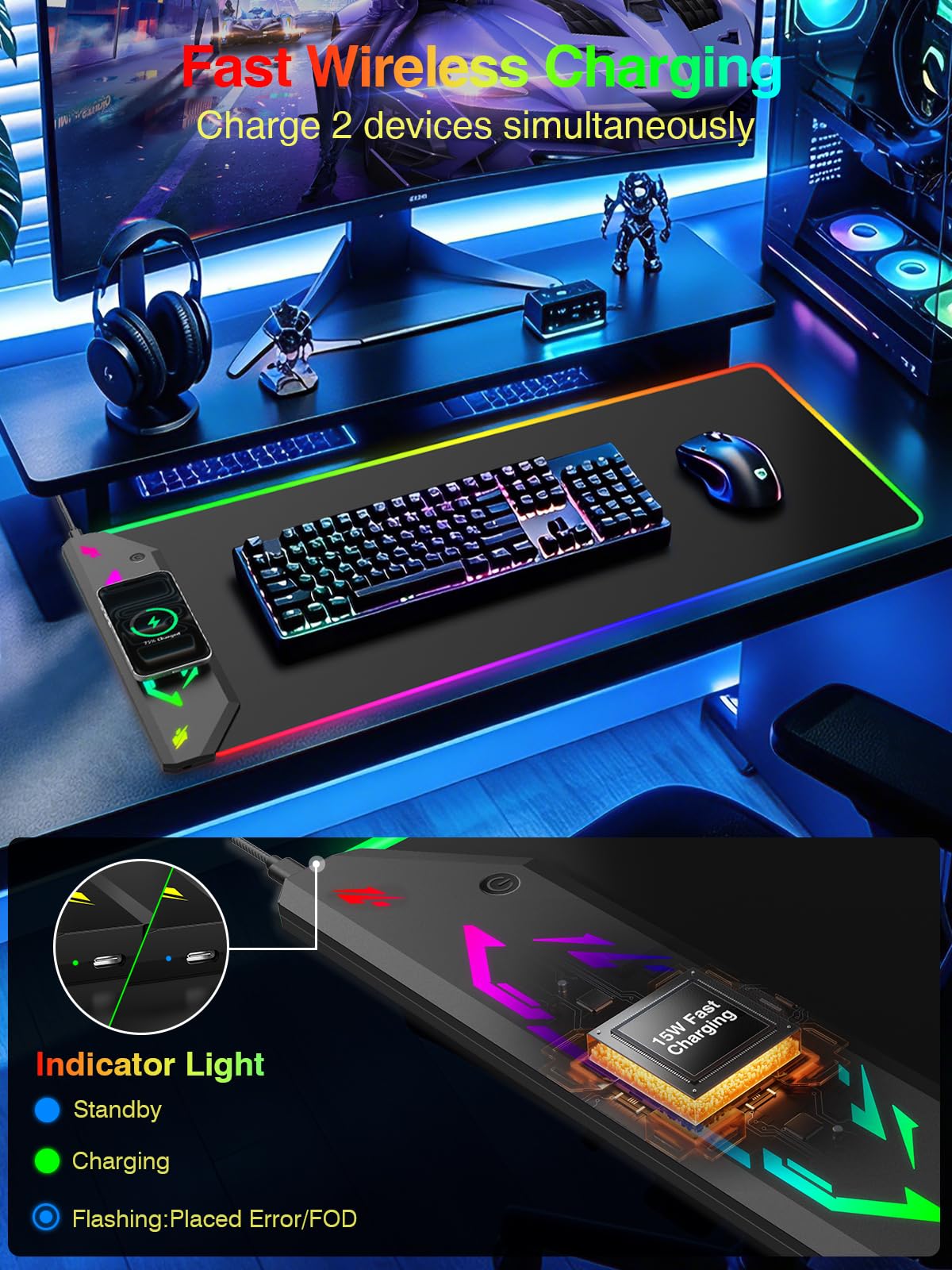 Magnetic Wireless Charging Mouse Pad Gaming, 31.5"x15.8" Large Desk Mat