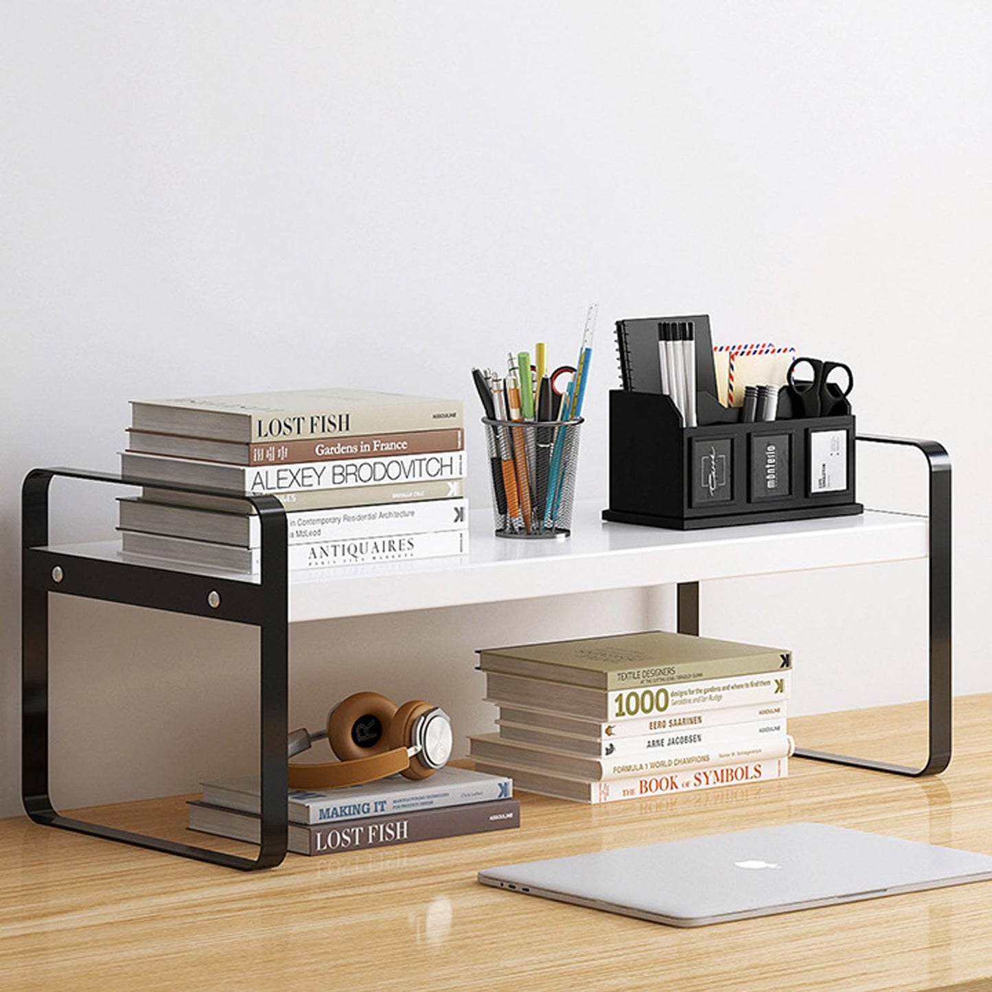 YGYQZ Desk Shelf Organizer for Top of Desk, 1-Tier Desktop Bookshelf, Black & White