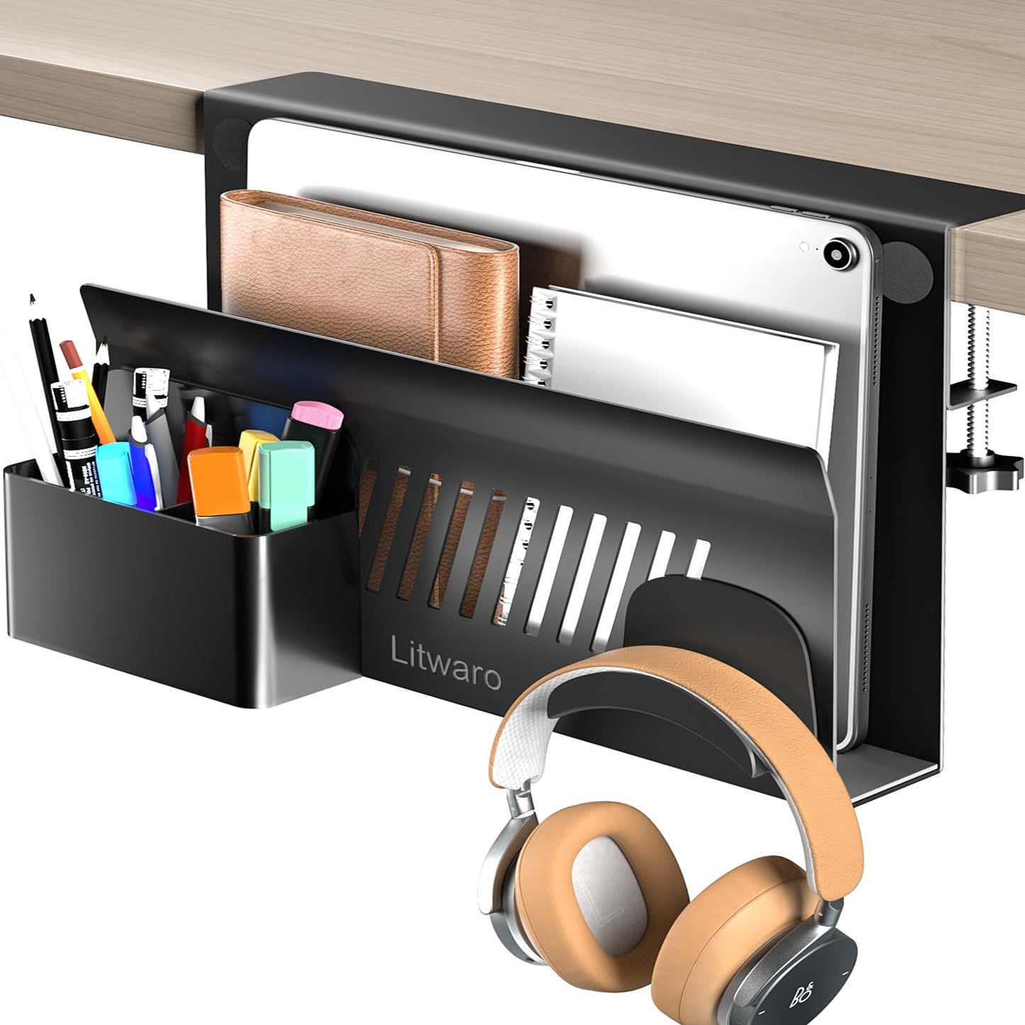 Litwaro Desk Side Storage Organizer, No Drill Laptop Holder Clamp on Desk Shelf with Magnetic Pen