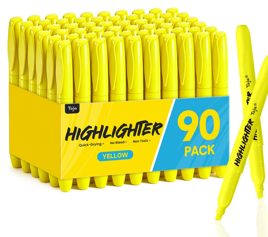 Taja 90 Pack Highlighters, Yellow, Chisel Tip with No Bleed Ink