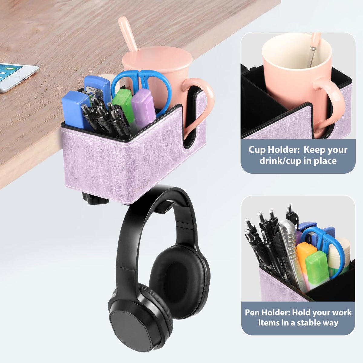 Under Desk Cup Holder Clamp on Cup Holder PU Leather Clip on Desk Organizer