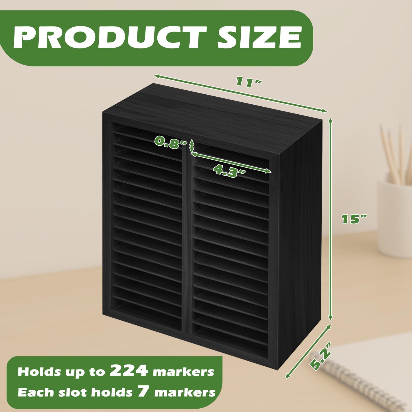 PROLEE Marker Organizer for 224 Markers, Wooden Alcohol Marker Holder with 32 Compartments