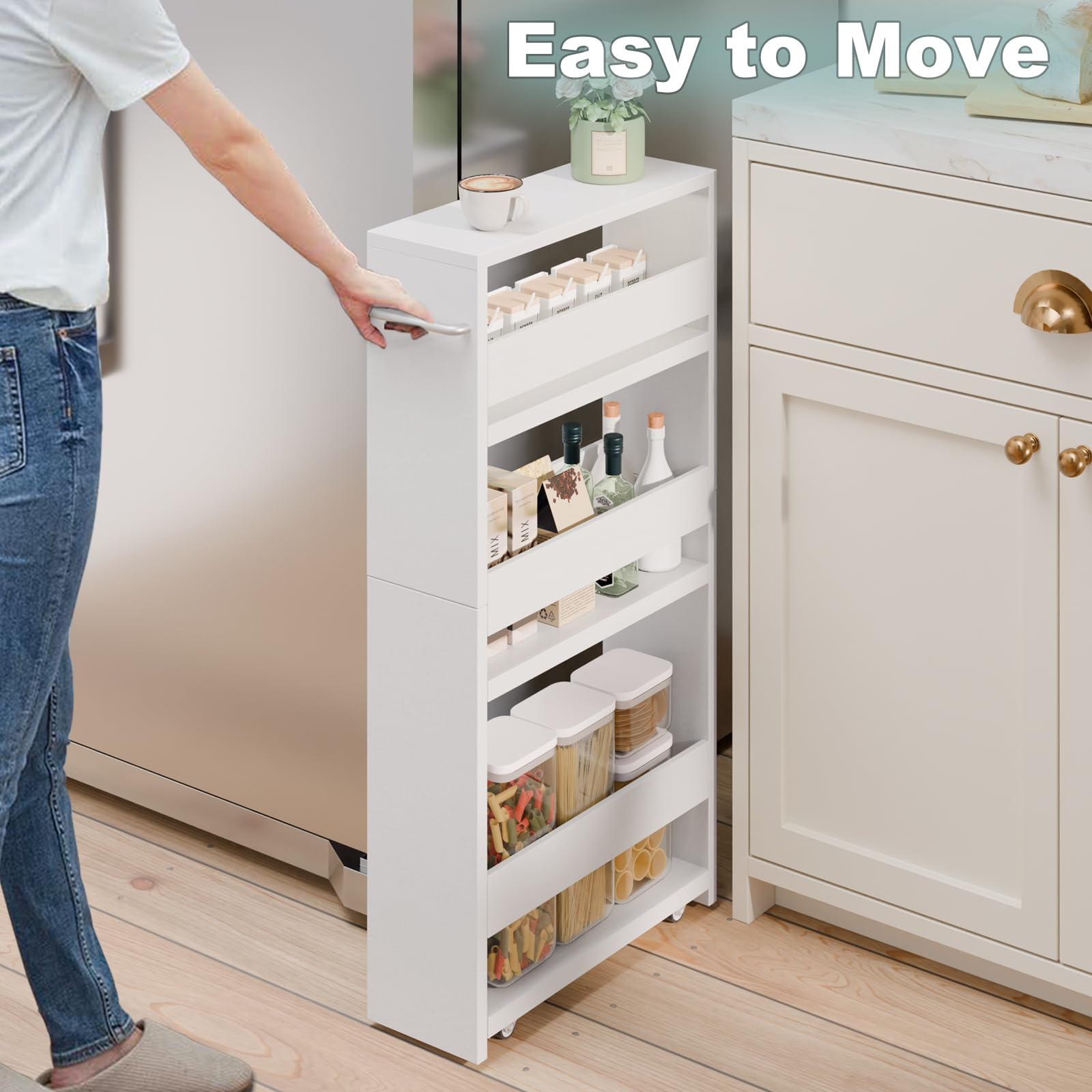 MARTY Slim Rolling Storage Cart, Wood Utility Kitchen Bathroom Laundry Cart