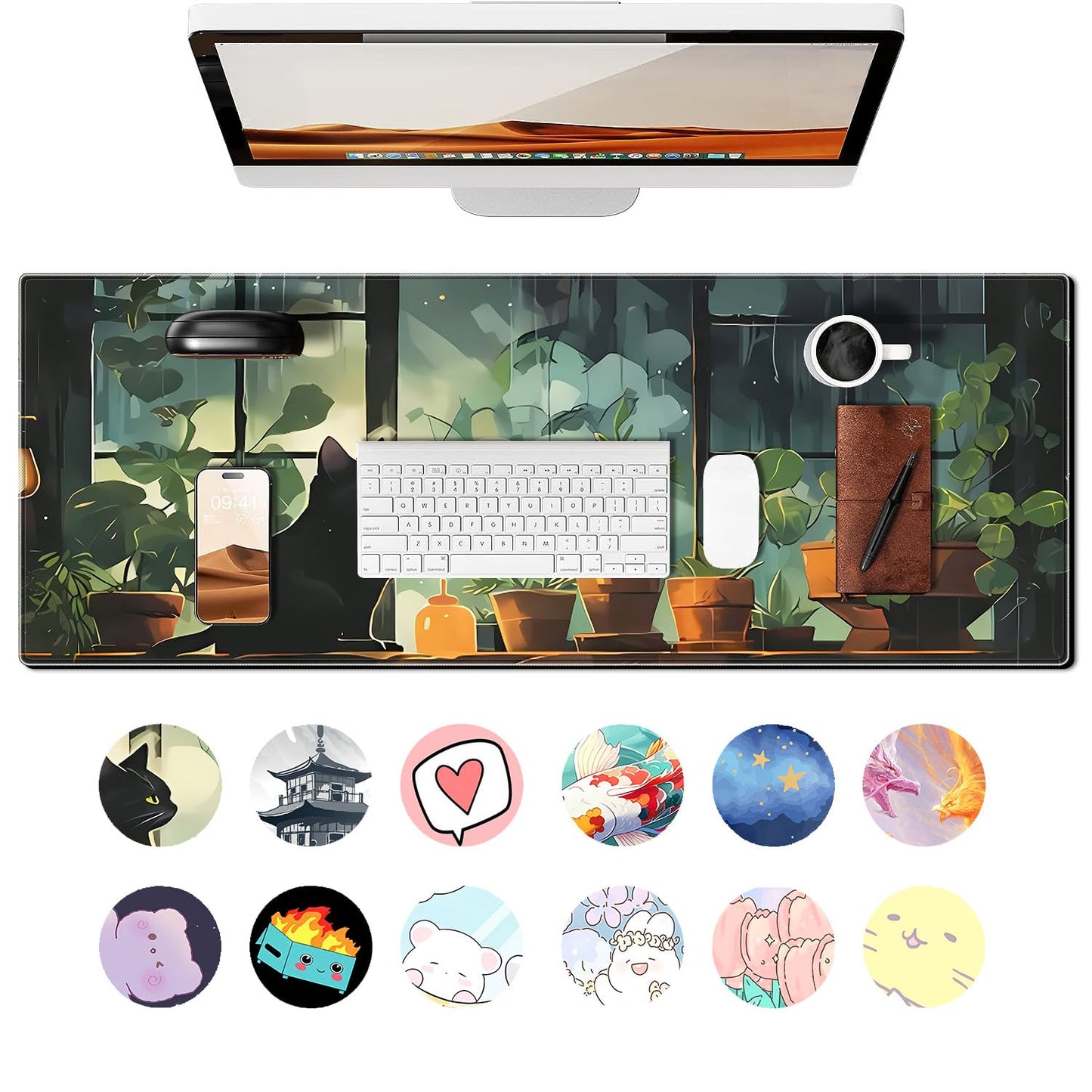 Cute Black cat Gaming Mouse Pad Green Plants Large Desk Mat, 31.5x11.8 Inch Mousepad Extended