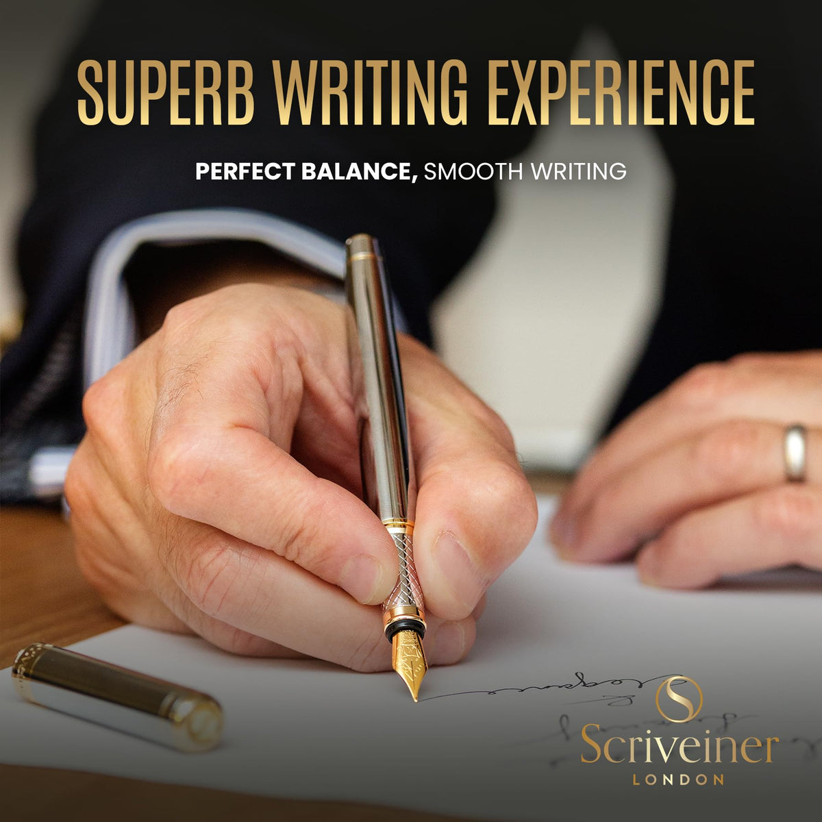 Scriveiner Silver Chrome Fountain Pen - Stunning Luxury Pen, Real Gold Finish Schmidt Gilded Nib