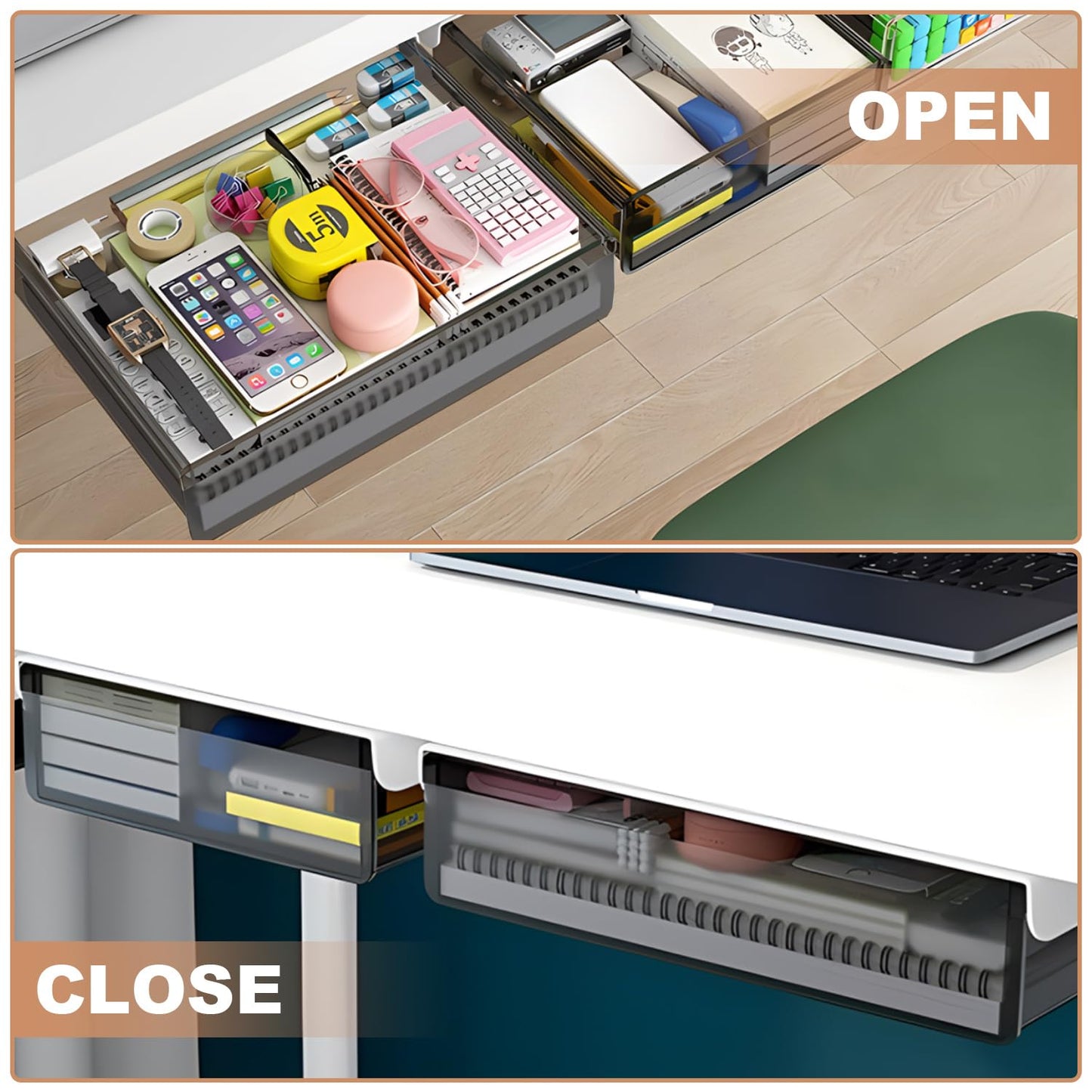 SVNNELP Under Desk Table Drawer Storage Organizer,2 Pack Large & Medium Slide Out Desk Drawers