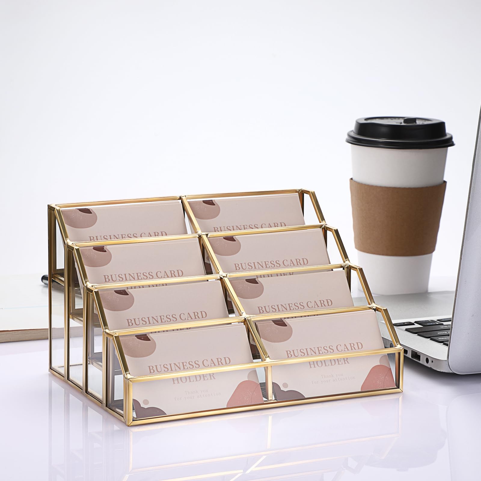 Hipiwe Mirrored Glass Business Card Holder 8-Slot Gold Card Display Stand
