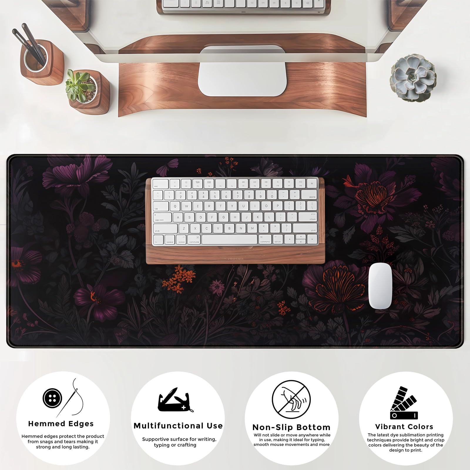 Dark Cottagecore Desk Mat Black Purple Flower XL Mouse Pad Large Gaming Mousepad Extended Vintage
