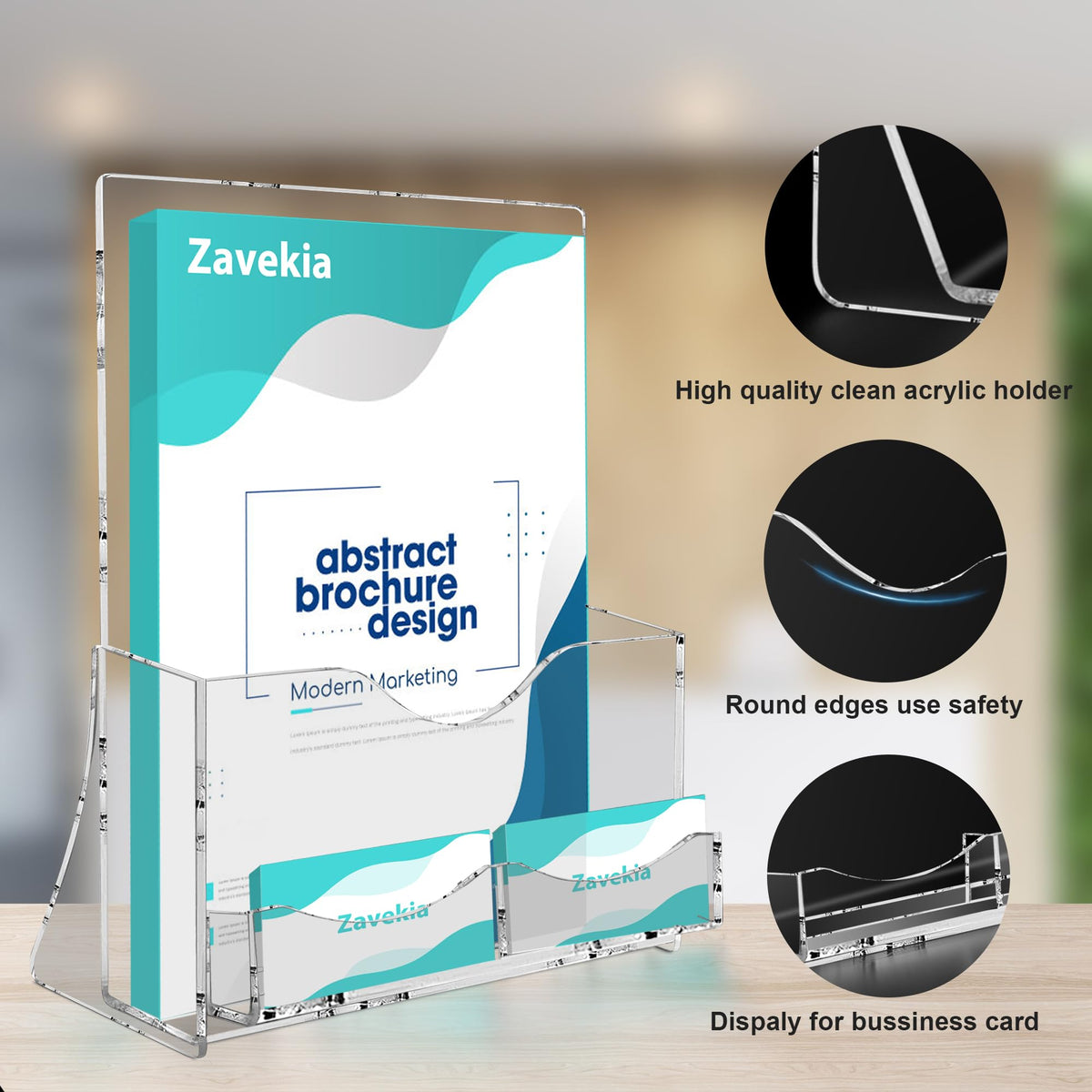 zavekia 2 Pack Acrylic Brochure Holder With business card holder, 8.5 x 11 inches Clear Acrylic