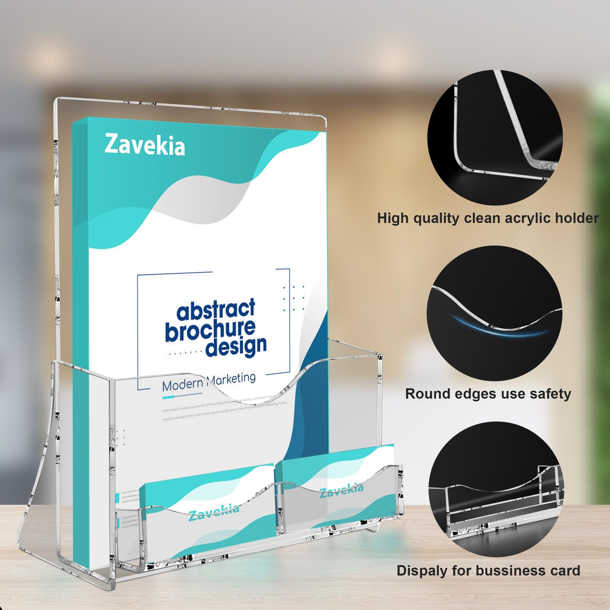 zavekia 2 Pack Acrylic Brochure Holder With business card holder, 8.5 x 11 inches Clear Acrylic