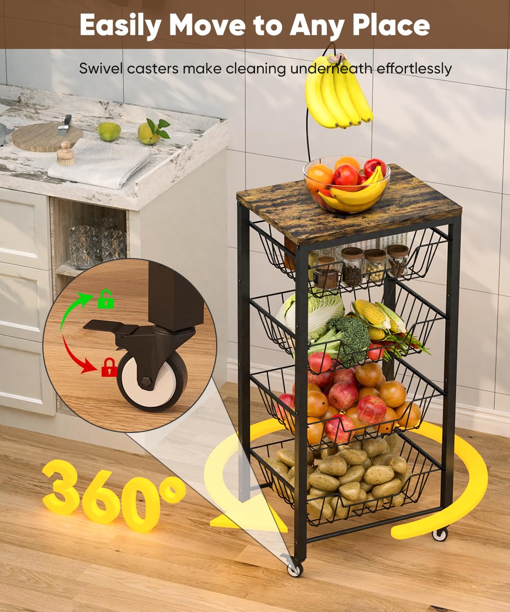 Tigerden Fruit Vegetable Storage Cart for Kitchen, 5-Tier Vegetable Stand Rack with Pull-Out Fruit