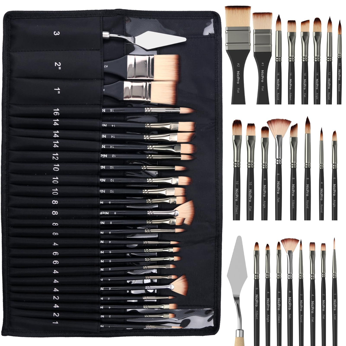 Nicpro 26pcs Professional Paint Brush Set with Palette Knife & Canvas Roll