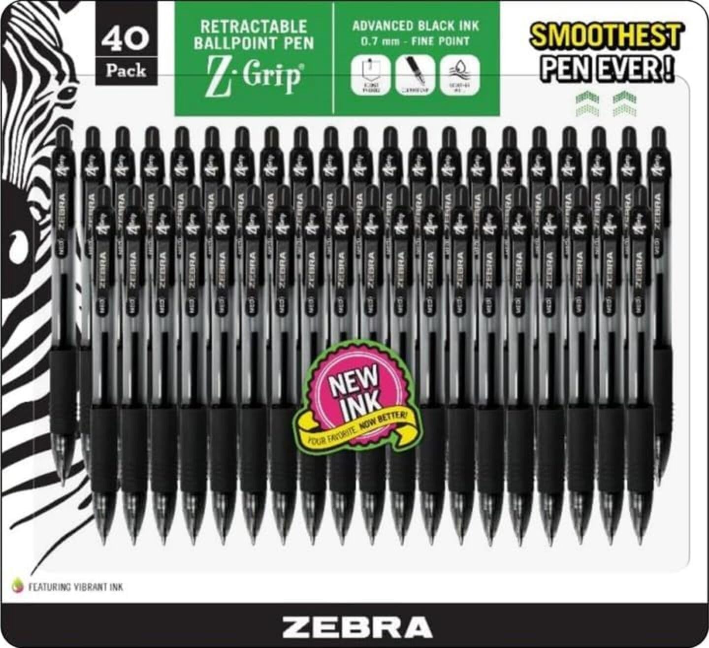 Zebra Z-grip Ballpoint Pens, Fine Point 0.7mm, Black Ink Retractable Pens, Pack of 40